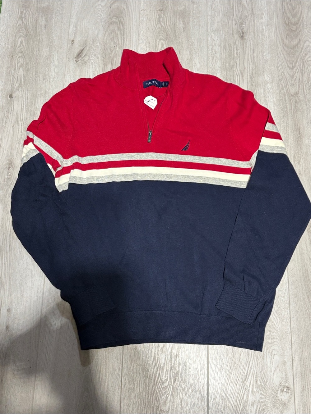 NWT!! Nautica Men’s Red & Navy Quarter-Zip light weight Striped Sweater Size M
